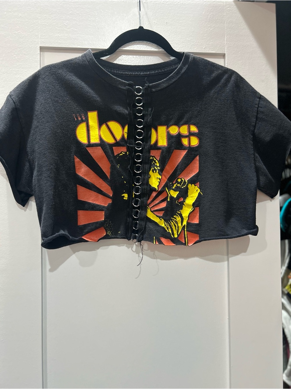 The Doors Black Cropped Tee with Graphic and Metal Lace-Up Front